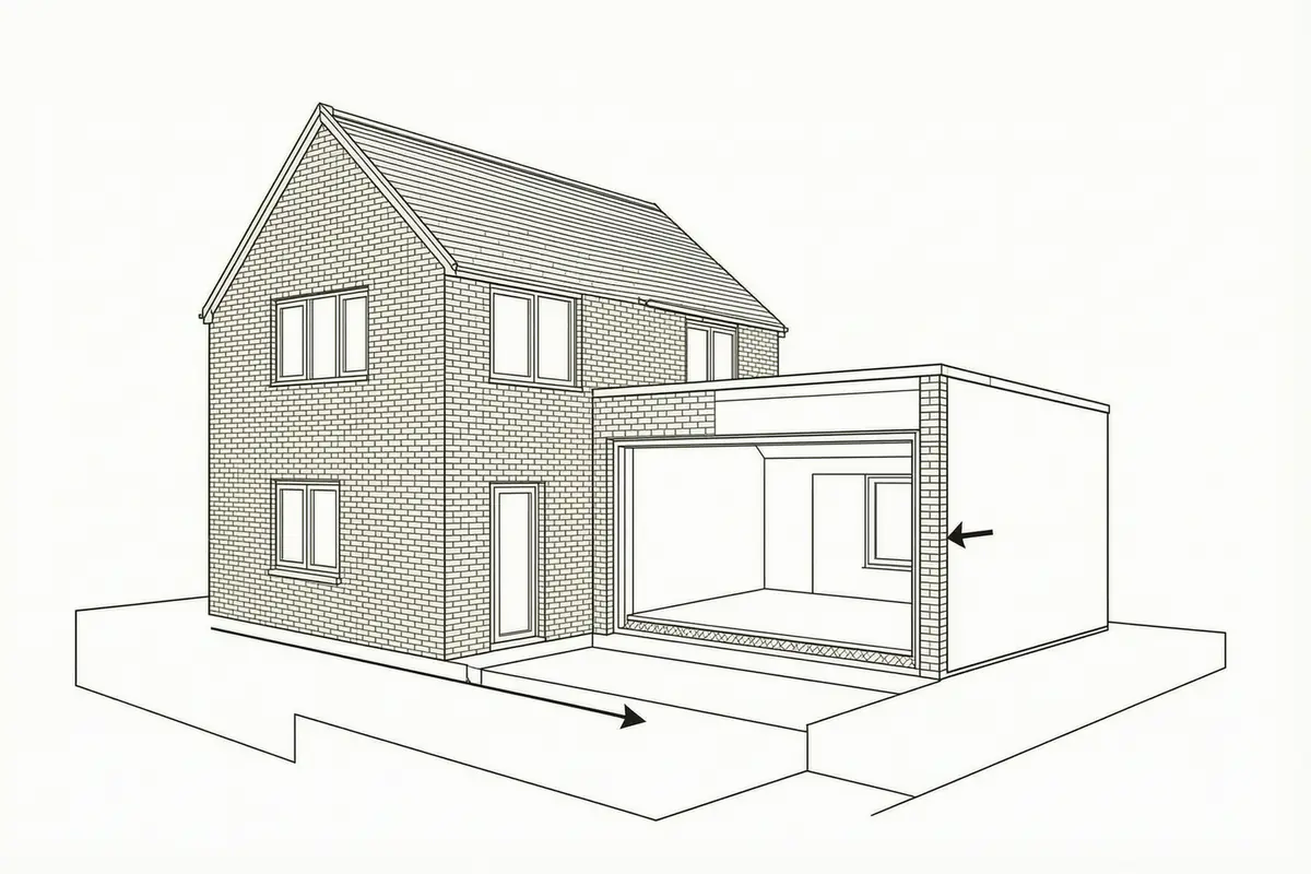 Cutaway section through a converted integral garage, showing the existing house wall, a new layer of insulation against it, a new insulated floor build-up over the old slab, and the garage door opening infilled with a wall and a window
