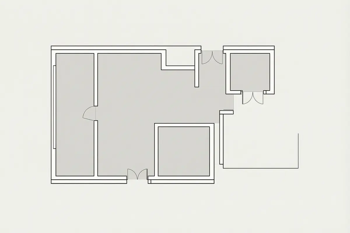 Plan view of a house with an integral garage built into the footprint beside a detached garage standing separately in the garden, with a path between them