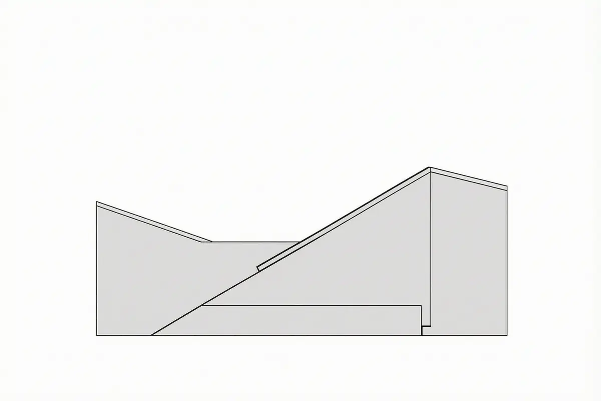 Line drawing of a cross-section through the ground between two houses, showing a foundation on the right and a diagonal forty-five-degree line sloping down from it, with a trench on the left cutting across the line