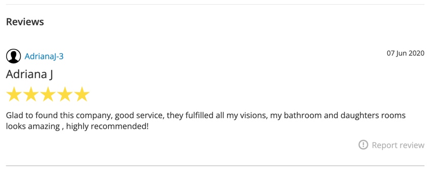 A five-star online review from a user named Adriana J praising a company for good service and excellent results for a bathroom and daughters' rooms refurbishment.