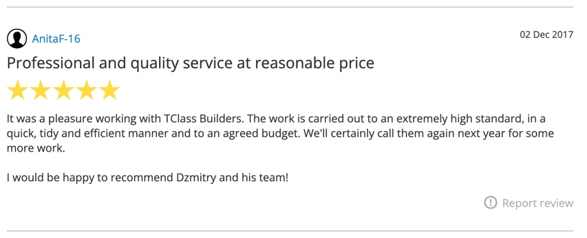A five-star online review praises TClass Builders for high-quality, efficient service at a reasonable price, recommending Dzmitry and his team.