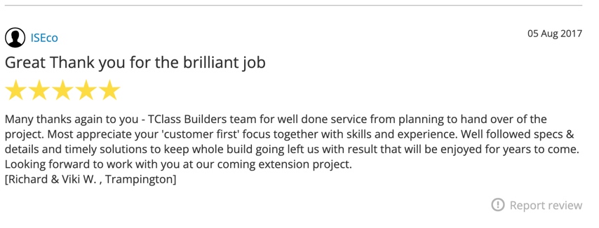 A five-star customer review praising TCass Builders for excellent service, attention to detail, and timely solutions, dated 05 Aug 2017.