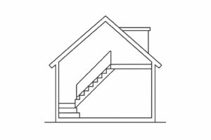 Simple black and white line drawing of a house cross-section showing stairs leading from the ground floor to the first floor.