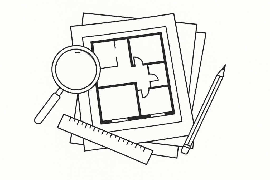 A black and white drawing of floor plan papers with a magnifying glass, pencil, and ruler placed on top.