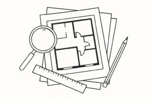 A black and white drawing of floor plan papers with a magnifying glass, pencil, and ruler placed on top.