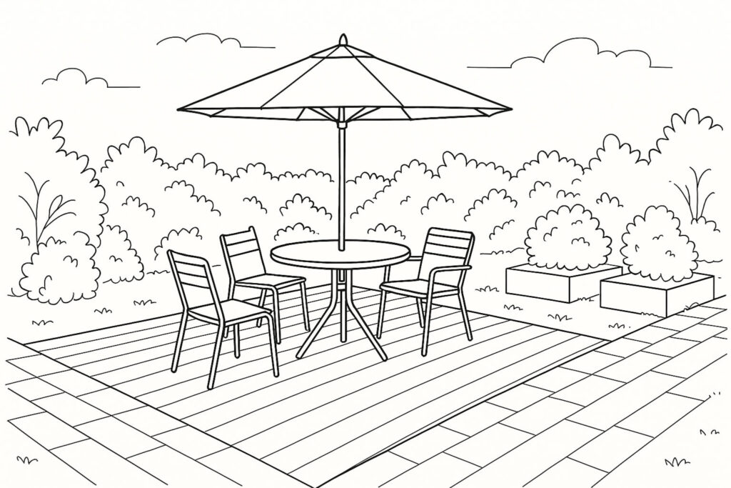A patio scene with four chairs around a round table under a large parasol, surrounded by bushes and paving stones.