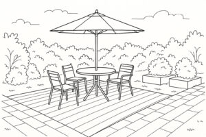 A patio scene with four chairs around a round table under a large parasol, surrounded by bushes and paving stones.