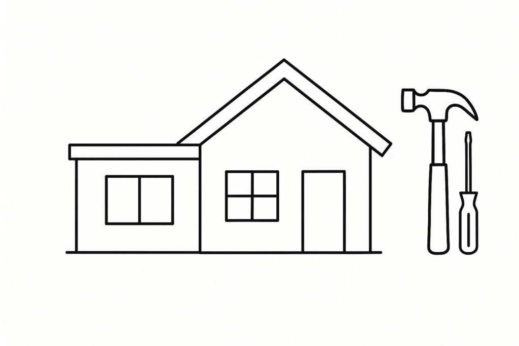 Black and white drawing of a house with a hammer and a screwdriver next to it, suggesting home repair or construction.