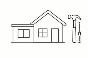 Black and white drawing of a house with a hammer and a screwdriver next to it, suggesting home repair or construction.
