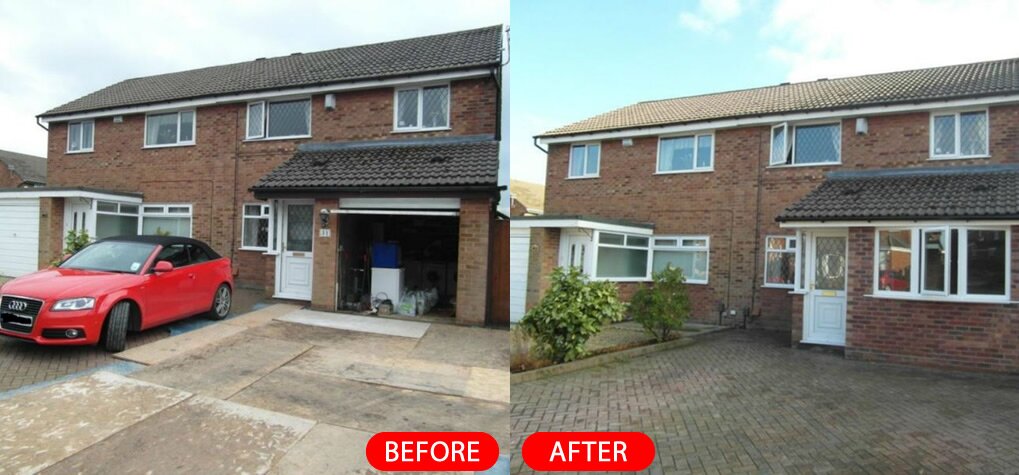 Side-by-side comparison of a house exterior labelled "Before" with an open garage and "After" with a replaced window and new paved driveway.