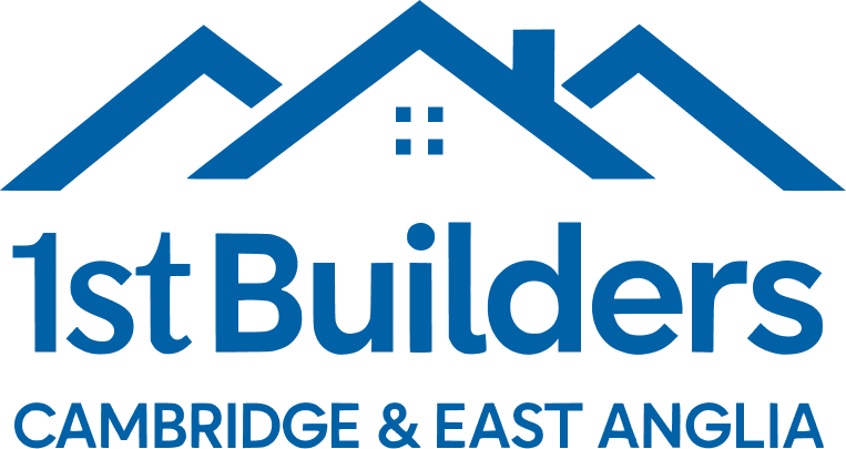 Logo for 1st Builders Cambridge & East Anglia, featuring blue stylised rooftops and text on a light background.